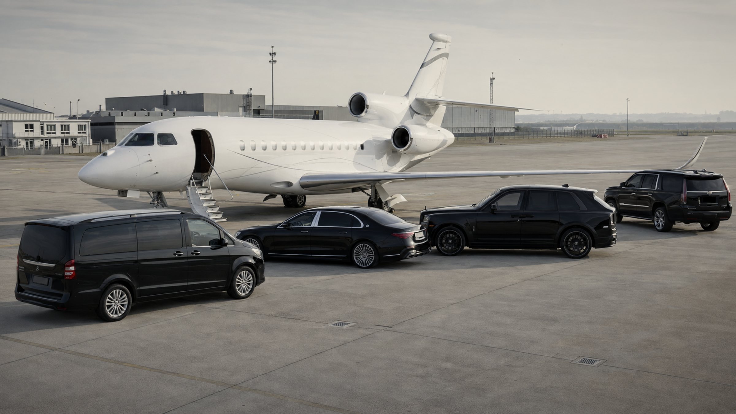 Avion d’affaires et convoi de véhicules noirs alignés sur le tarmac d’un terminal privé
